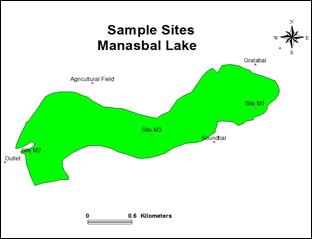 Map of Manasbal Lake showing the study sites