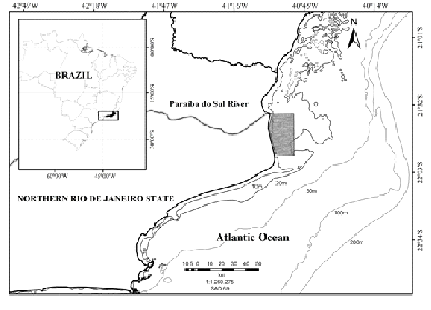 Fig: The northern coast of the State of Rio de Janeiro, southeastern Brazil, with details of the shrimp fishing area (21°35' S to 21°55' S).